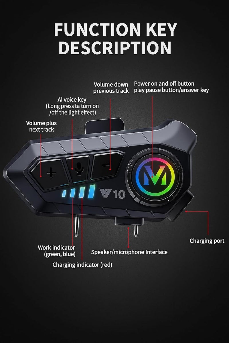 Primate Y10 Bluetooth Motorcycle Helmet Headset – 2 Phones Connection at The Same Time, Music & GPS Support, IP67 Waterproof, Works with Android & iOS, Universal Helmet Compatibility - Image 3