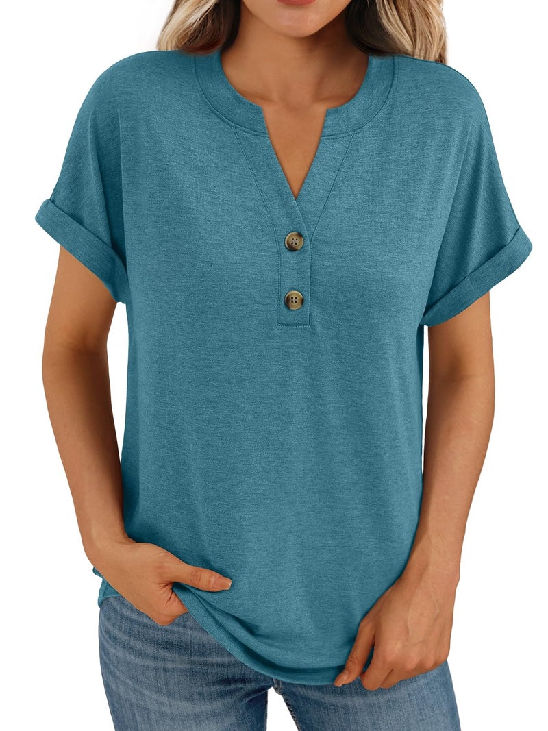 AUTOMET Women's Short Sleeve Shirts Henley Dressy Casual Summer Tops 2026 Spring Fashion Blouses Trendy Cute T-Shirts Business Work Outfits Clothes Bluegreen L - Image 1