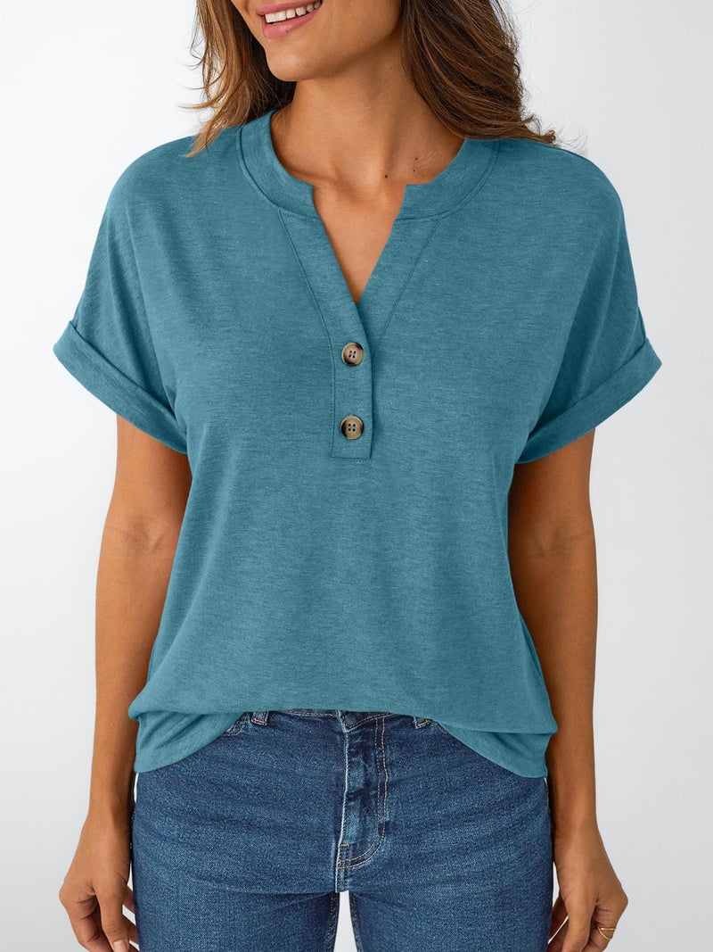 AUTOMET Women's Short Sleeve Shirts Henley Dressy Casual Summer Tops 2026 Spring Fashion Blouses Trendy Cute T-Shirts Business Work Outfits Clothes Bluegreen L - Image 2
