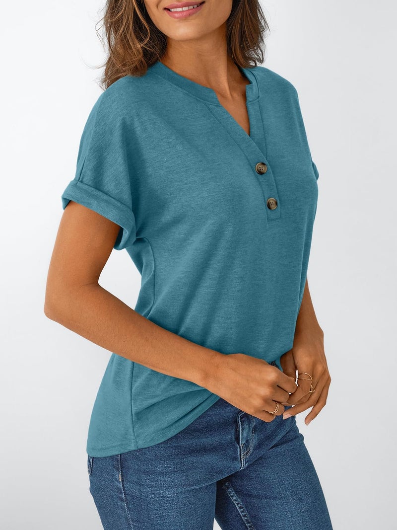 AUTOMET Women's Short Sleeve Shirts Henley Dressy Casual Summer Tops 2026 Spring Fashion Blouses Trendy Cute T-Shirts Business Work Outfits Clothes Bluegreen L - Image 3