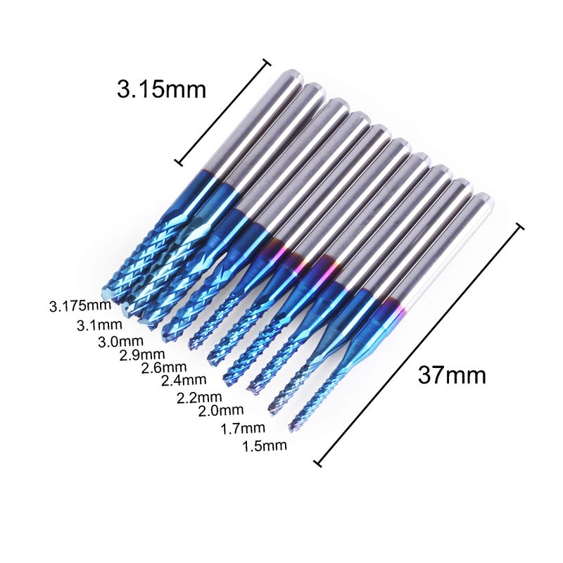 SainSmart Genmitsu 10Pcs Nano Blue Coat End Mill CNC Router Bits, 1.5-3.175mm, 1/8" Shank - Image 2