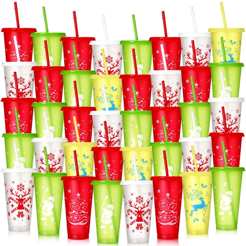 Sliner 40 Pieces Christmas Reusable Cups with Lids and Straws 24 oz Plastic Tumblers with Lids and Straw Water Bottles Bulk for Coffee Adults Kids Christmas Party supply - Image 2