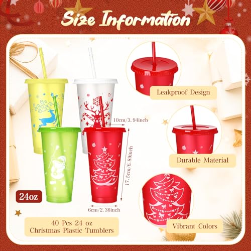Sliner 40 Pieces Christmas Reusable Cups with Lids and Straws 24 oz Plastic Tumblers with Lids and Straw Water Bottles Bulk for Coffee Adults Kids Christmas Party supply - Image 3