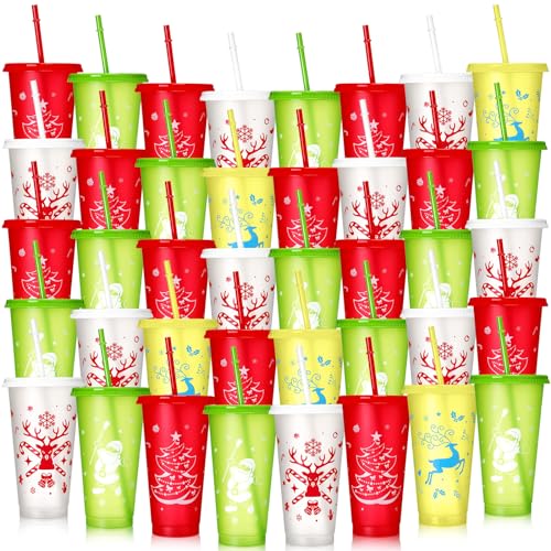 Sliner 40 Pieces Christmas Reusable Cups with Lids and Straws 24 oz Plastic Tumblers with Lids and Straw Water Bottles Bulk for Coffee Adults Kids Christmas Party supply - Image 1