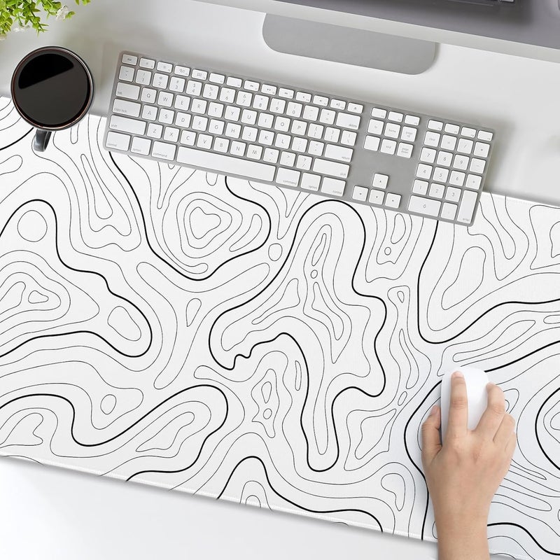 aportt White Topographic Contour Gaming Mouse Pad XL Geographic Map Lines Minimalist Extended Large Mat Mousepad Desk Pad Non-Slip Rubber Base Stitched Edge Long Keyboard Pad for Computer,31.5×11.8 Inch - Image 5