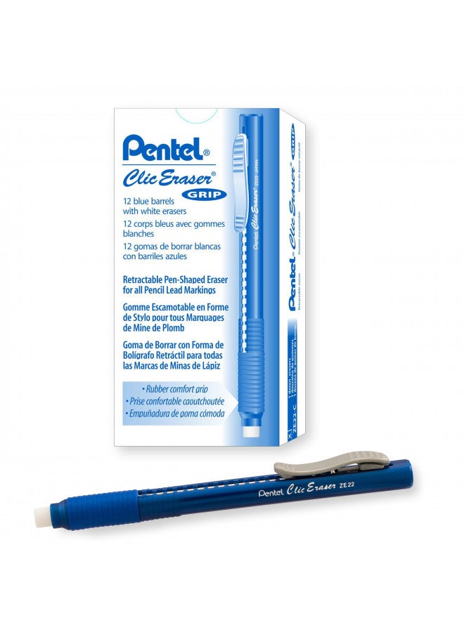 Pentel Clic Eraser Grip, Retractable Eraser, Blue Barrel, Box of 12 (ZE22C) - Image 1