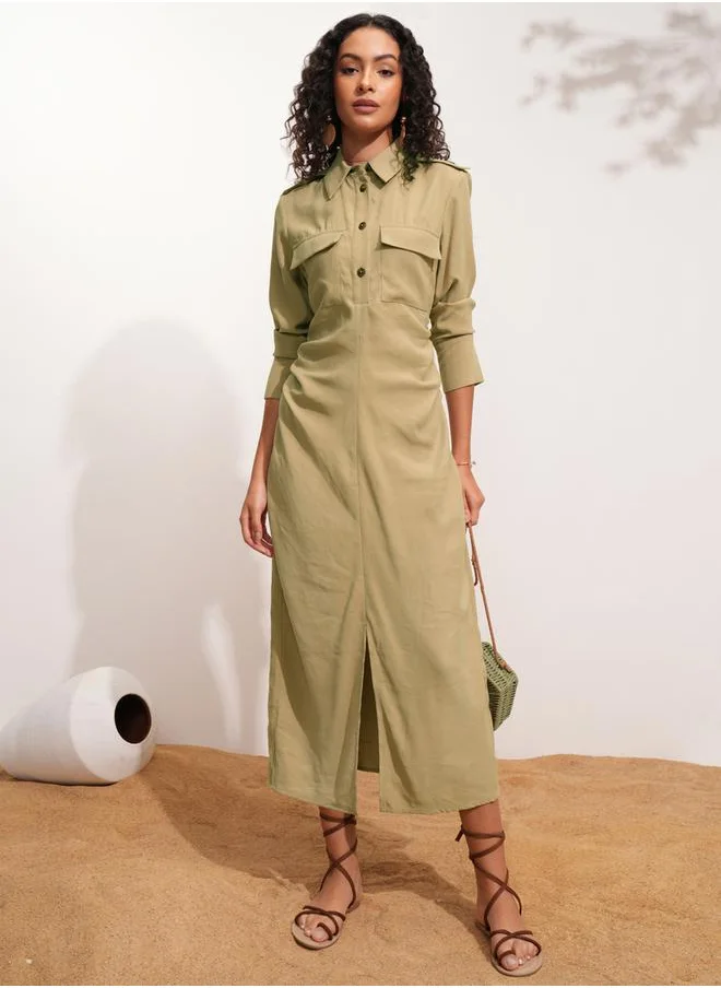 طوكيو توكيز Solid Pocket Detail Shirt Collar A-Line Midi Dress