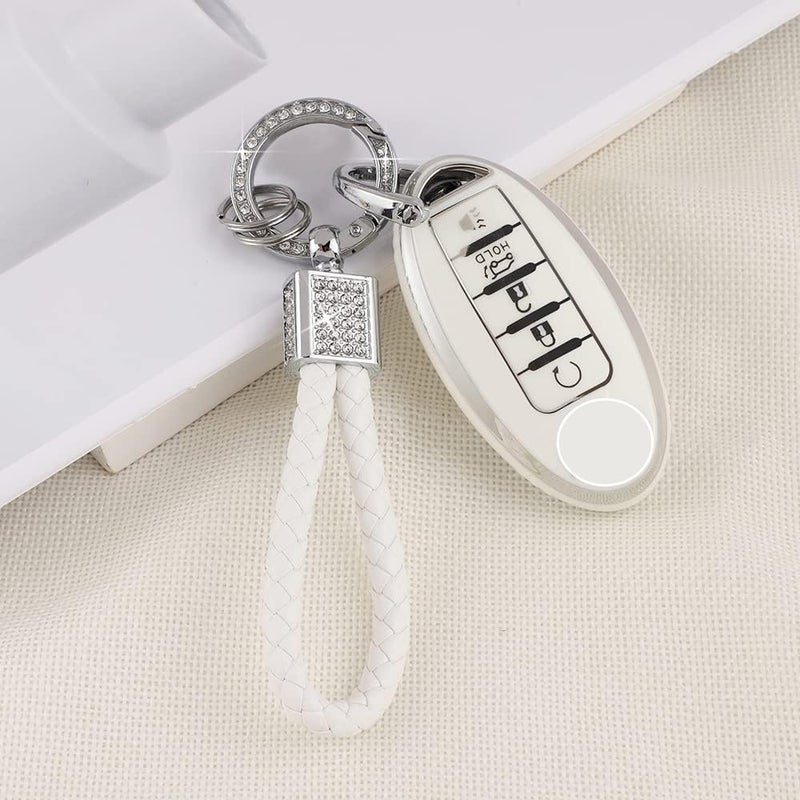 PIFOOG Car Key Cover for Nissan 5 Buttons Keys Fob Case TPU Bling Keychain for Nissan Altima Sentra Rogue Pathfinder Murano Armada Maxima Versa Girly Women White Silver - Image 2