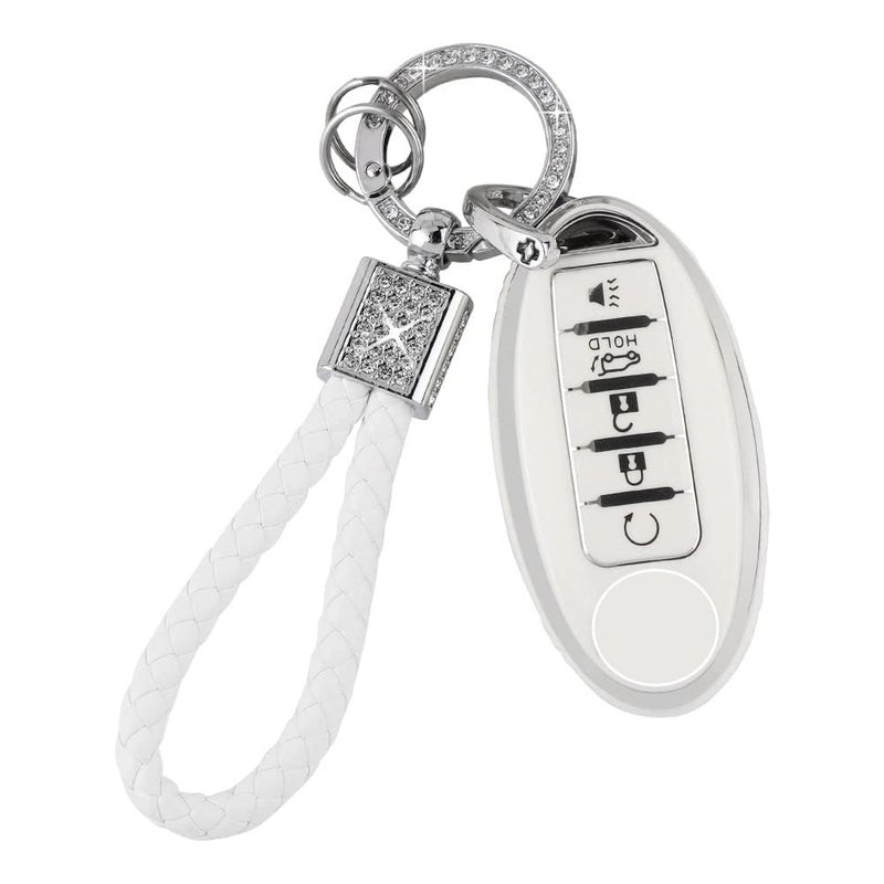 PIFOOG Car Key Cover for Nissan 5 Buttons Keys Fob Case TPU Bling Keychain for Nissan Altima Sentra Rogue Pathfinder Murano Armada Maxima Versa Girly Women White Silver - Image 1