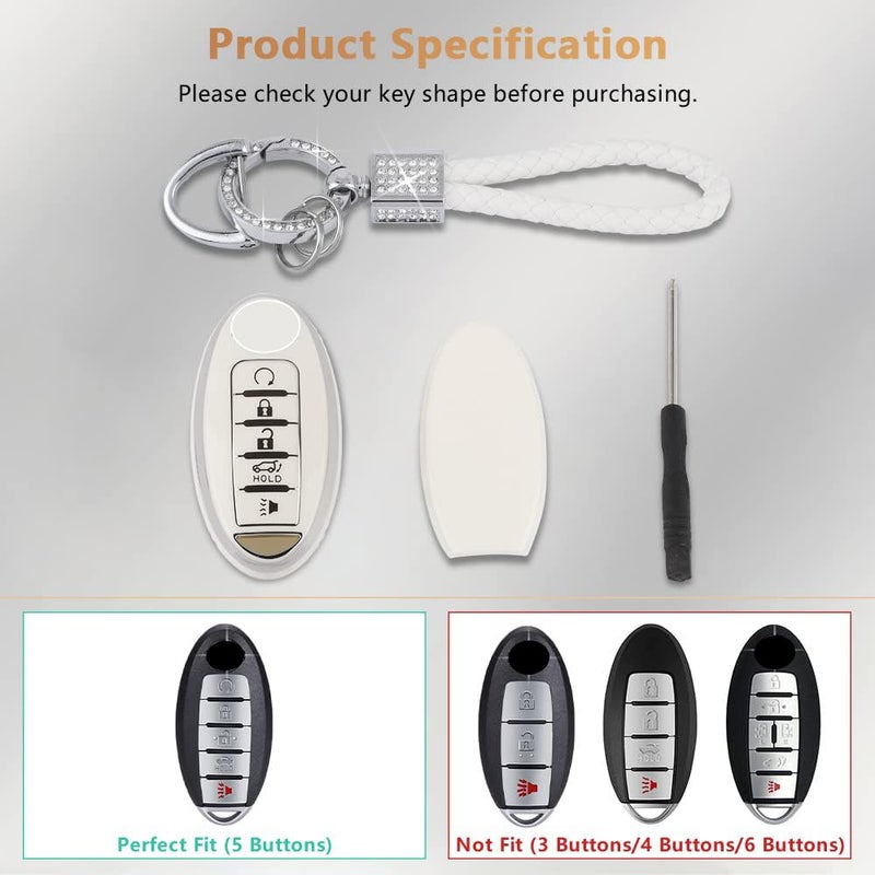 PIFOOG Car Key Cover for Nissan 5 Buttons Keys Fob Case TPU Bling Keychain for Nissan Altima Sentra Rogue Pathfinder Murano Armada Maxima Versa Girly Women White Silver - Image 5