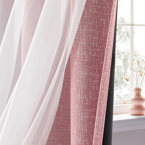 Geomoroccan 100% Blackout Curtains with Sheer Overlay Mix and Match Double Layer Drapes 84 Inch Long 2 Panels for Bedroom Living Room Pink White Ombre Grommet Window Treatment with Tiebacks - Image 5