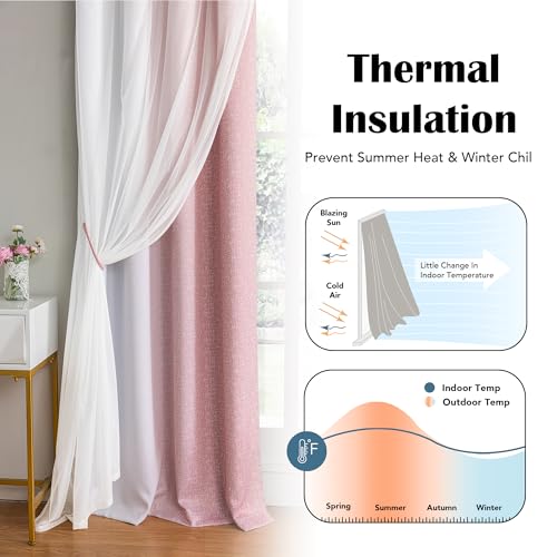 Geomoroccan 100% Blackout Curtains with Sheer Overlay Mix and Match Double Layer Drapes 84 Inch Long 2 Panels for Bedroom Living Room Pink White Ombre Grommet Window Treatment with Tiebacks - Image 4