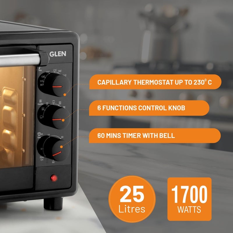 GLEN Glen Oven Toaster Griller OTG 25 Litres with Convection Motorized Rotisserie 1700W Black SA5025RC  - Image 4