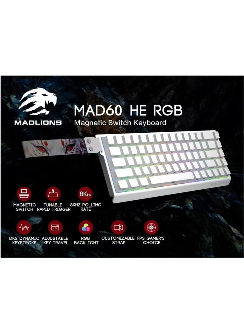 MADLIONS MAD60 HE Rapid Trigger Wired Magnetic Mechanical Gaming Keyboard 60% Hall Effect Adjustable Actuation,PBT Keycaps RGB Hot-Swap,8K Hz Polling Rate (white, Magnetic Amber Pro Switch) - Image 2