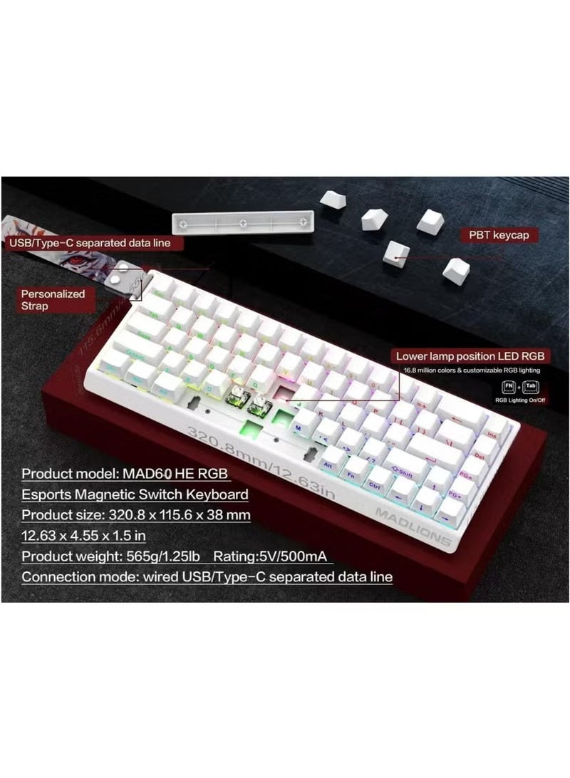 MADLIONS MAD60 HE Rapid Trigger Wired Magnetic Mechanical Gaming Keyboard 60% Hall Effect Adjustable Actuation,PBT Keycaps RGB Hot-Swap,8K Hz Polling Rate (white, Magnetic Amber Pro Switch) - Image 5
