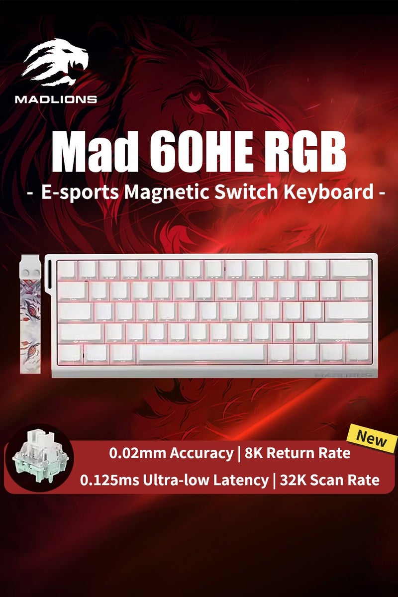 MADLIONS MAD60 HE Rapid Trigger Wired Magnetic Mechanical Gaming Keyboard 60% Hall Effect Adjustable Actuation,PBT Keycaps RGB Hot-Swap,8K Hz Polling Rate (white, Magnetic Amber Pro Switch) - Image 1