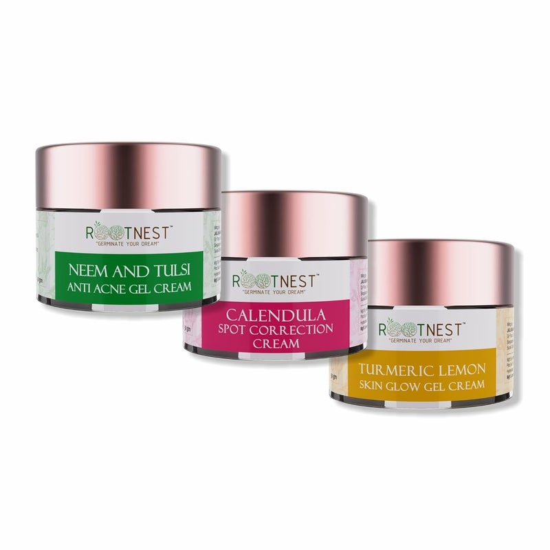 Rootnest Skin care kit with Neem Tulsi Anti Acne Gen Cream for face Calendula Spot Correction cream for face Turmeric Lemon Skin glow gel for face 30gm - Image 1