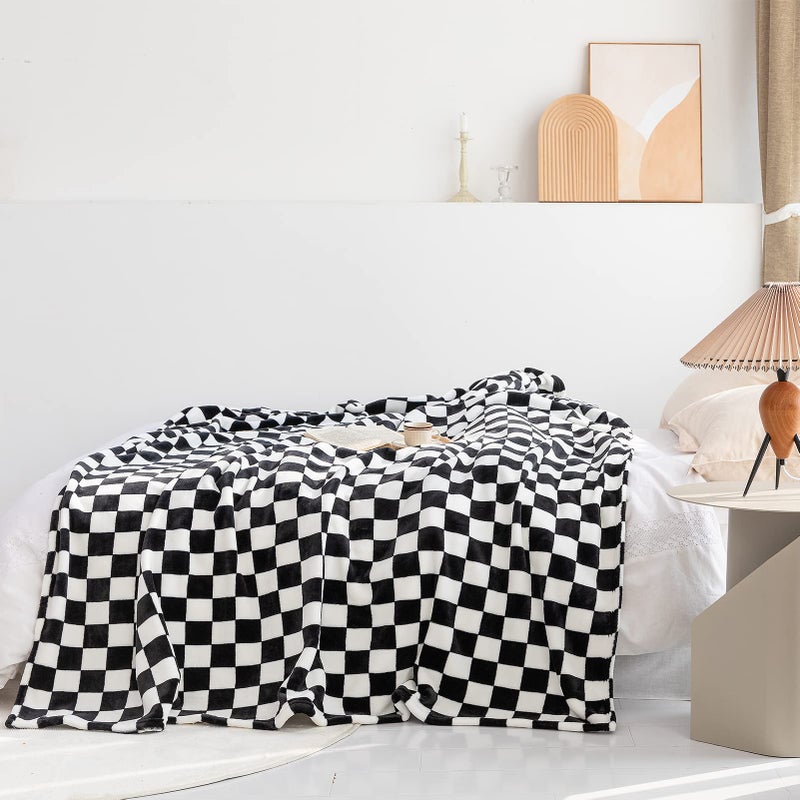 LOMAO Throw Blankets Flannel Blanket with Checkerboard Grid Pattern Soft Throw Blanket for Couch, Bed, Sofa Luxurious Warm and Cozy for All Seasons (Black, 50"x60") - Image 2