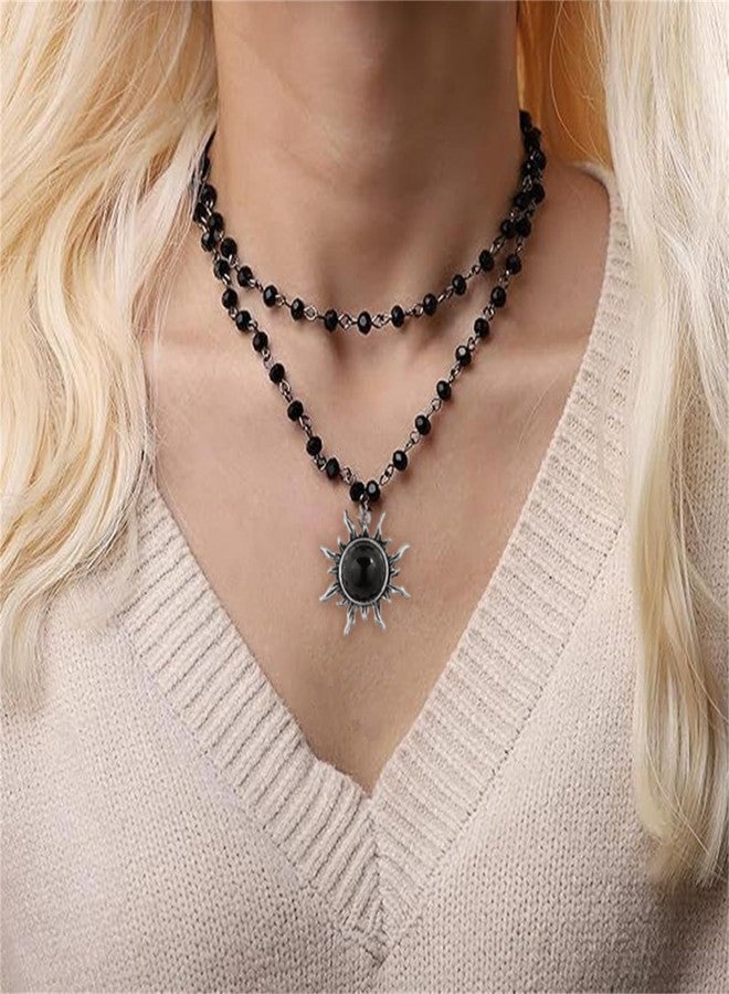 RLHRNDE Gothic Layered Black Choker Necklace for Women Punk Black Cross Pendant Necklace Crescent Moon Sun Earrings Halloween Christmas Goth Jewelry Set (Sun) - Image 2