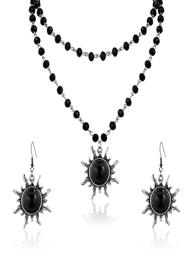 RLHRNDE Gothic Layered Black Choker Necklace for Women Punk Black Cross Pendant Necklace Crescent Moon Sun Earrings Halloween Christmas Goth Jewelry Set (Sun) - Image 1