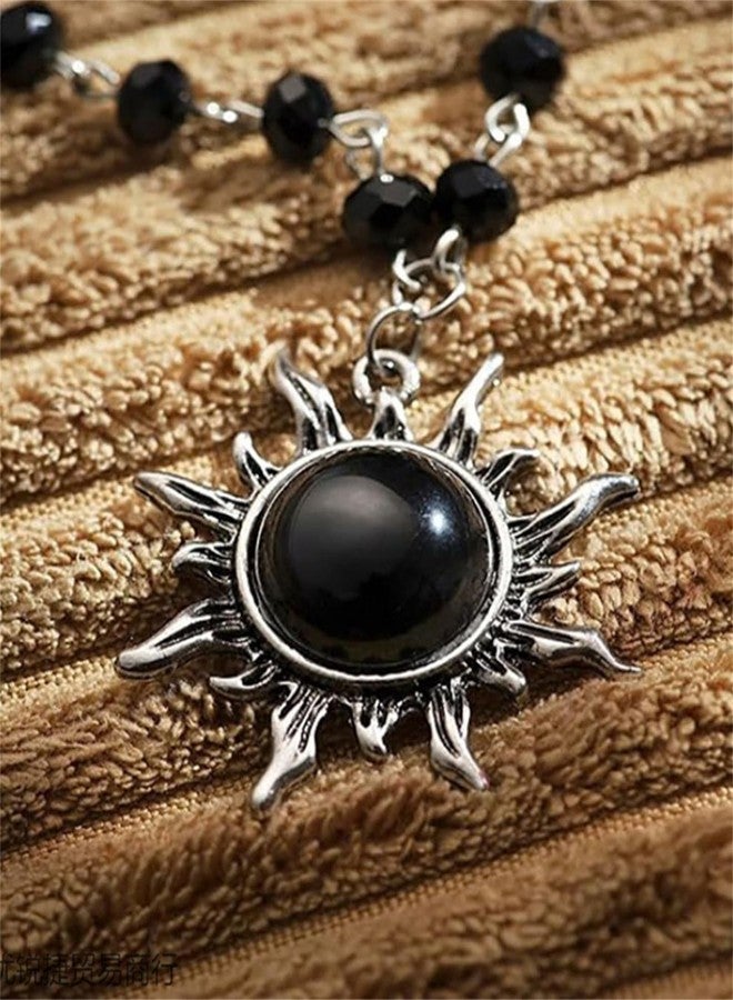 RLHRNDE Gothic Layered Black Choker Necklace for Women Punk Black Cross Pendant Necklace Crescent Moon Sun Earrings Halloween Christmas Goth Jewelry Set (Sun) - Image 5