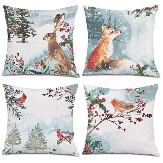 WATERCOLOR SNOWY WINTER WOODLAND ANIMALS DECORATIVE THROW PILLOW COVERS FOR HOLIDAY HOME SOFA BED COUCH FARMHOUSE HOLIDAY DECOR 18X18 INCH SET OF 4