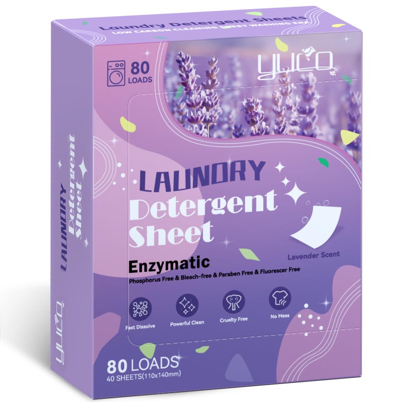 YUCO Laundry Detergent Sheets Lavender Scent 80 Loads, Eco Friendly Laundry Soap Washer Sheets, Liquidless Laundry Detergent Sheet for Travel No Plastic, Hypoallergenic - Image 1