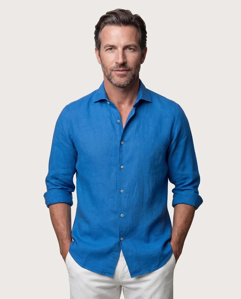 كاميتشسما Trendy Electric Blue Linen Slim Comfort Shirt