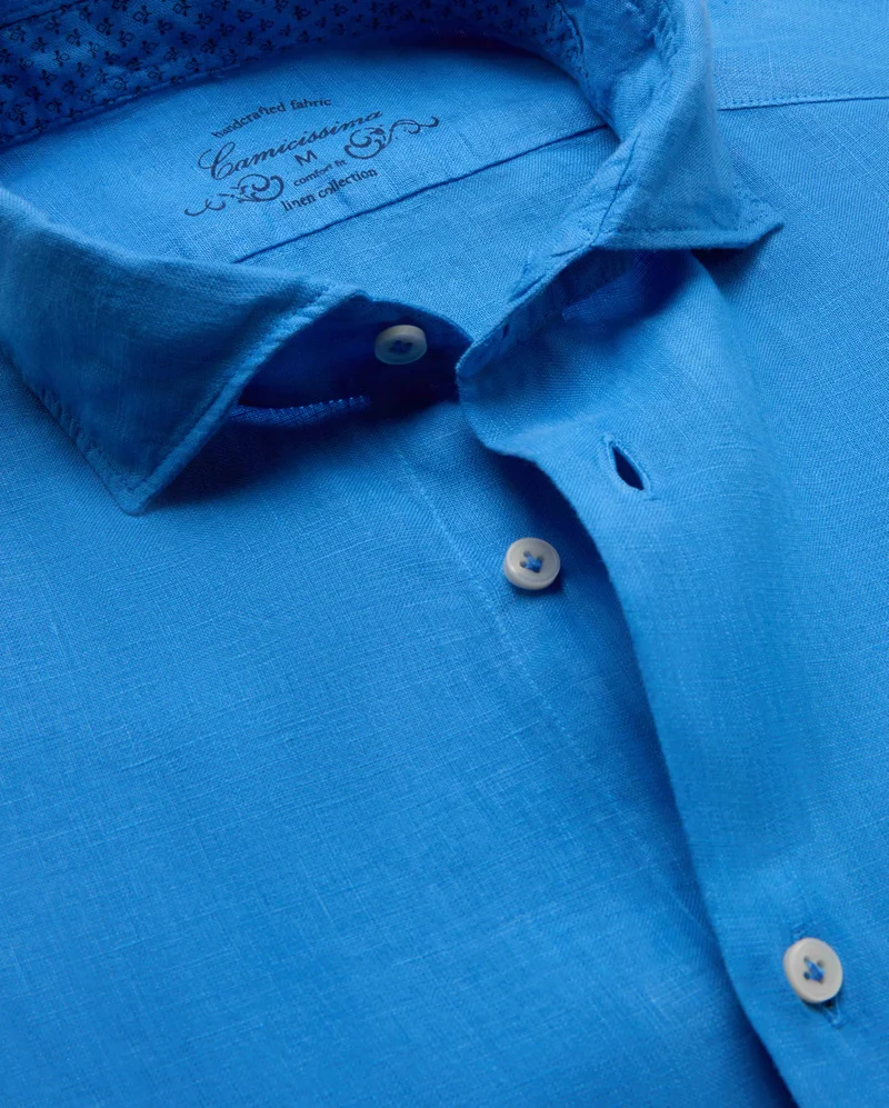كاميتشسما Trendy Electric Blue Linen Slim Comfort Shirt