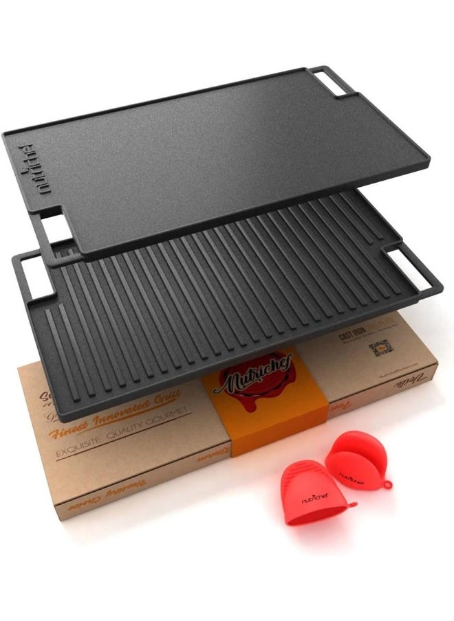 NutriChef - Cast Iron Reversible Grill Plate - 18 Inch Flat Cast Iron Skillet Griddle Pan For Stove Top, Gas Range Grilling Pan W/Silicone Oven Mitt For Electric Stovetop, Ceramic, Induction - Image 1
