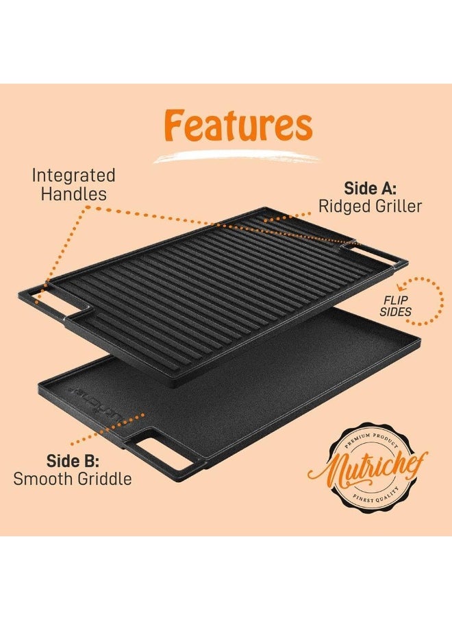 NutriChef - Cast Iron Reversible Grill Plate - 18 Inch Flat Cast Iron Skillet Griddle Pan For Stove Top, Gas Range Grilling Pan W/Silicone Oven Mitt For Electric Stovetop, Ceramic, Induction - Image 1