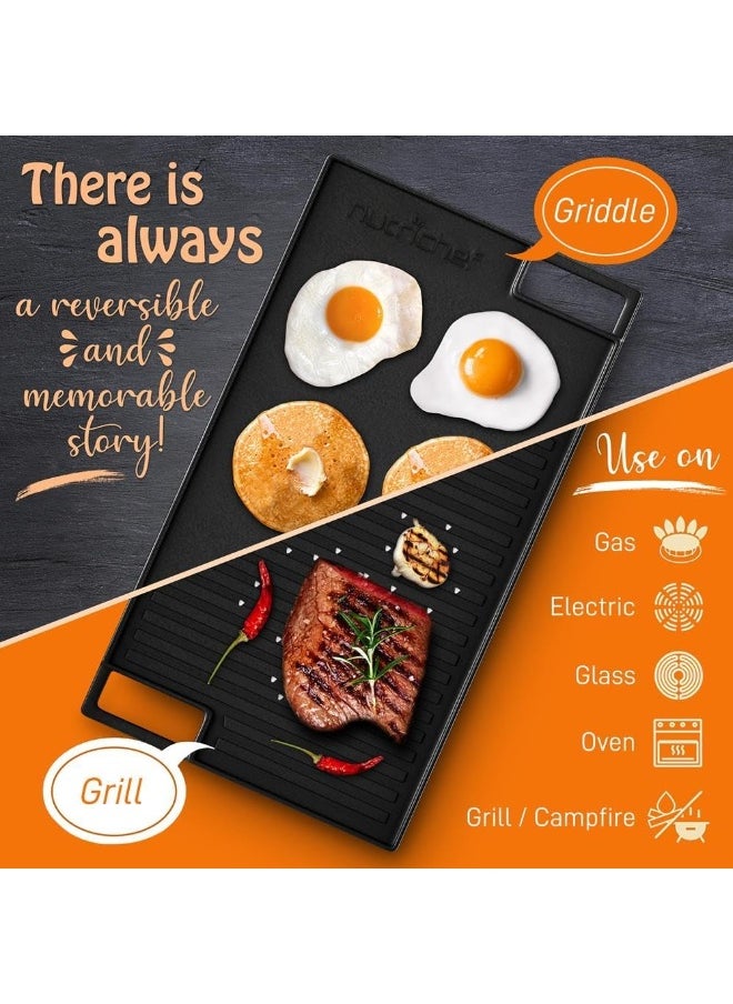 NutriChef - Cast Iron Reversible Grill Plate - 18 Inch Flat Cast Iron Skillet Griddle Pan For Stove Top, Gas Range Grilling Pan W/Silicone Oven Mitt For Electric Stovetop, Ceramic, Induction - Image 1