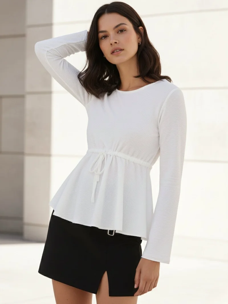 Outzidr  White Deep Round Neck Peplum Top With Full Sleeves for Women | Best Price UAE