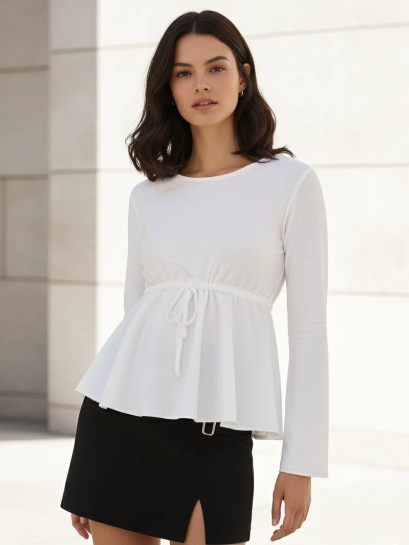 OUTZIDR White Deep Round Neck Peplum Top With Full Sleeves