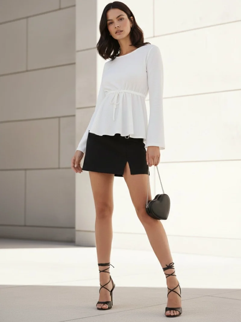 Outzidr  White Deep Round Neck Peplum Top With Full Sleeves for Women | Best Price UAE