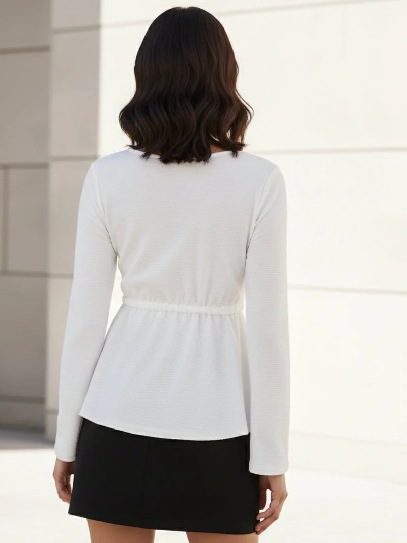 Outzidr  White Deep Round Neck Peplum Top With Full Sleeves for Women | Best Price UAE
