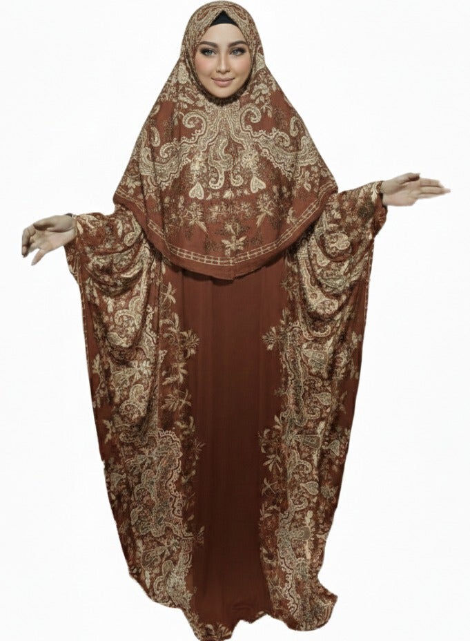 Luxury Paisley Print Isdal Prayer Dress for Women with Matching Head Cover Modest Full Length Batwing Kaftan Abaya Lightweight Breathable Islamic Prayer Outfit Maxi Loose Fit Fits Up to 150 KG Size 160 x 160 CM - Image 2