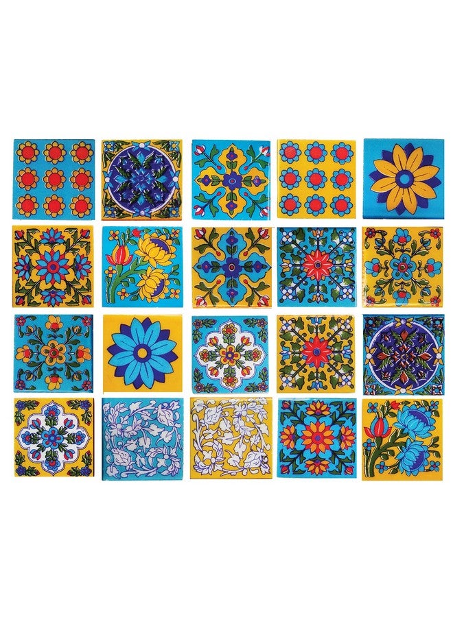 Shiv Kripa Blue Pottery Floral Ethnic Interior Exterior Crafted Tabletop Flooring Wall Ceramic 2 x 2 inch Tiles Pack of 20 Tiles (Sky Blue, Yellow & Multi) - Image 1