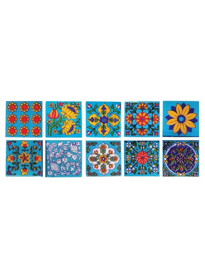 Shiv Kripa Blue Pottery Floral Ethnic Interior Exterior Crafted Tabletop Flooring Wall Ceramic 2 x 2 inch Tiles Pack of 20 Tiles (Sky Blue, Yellow & Multi) - Image 3