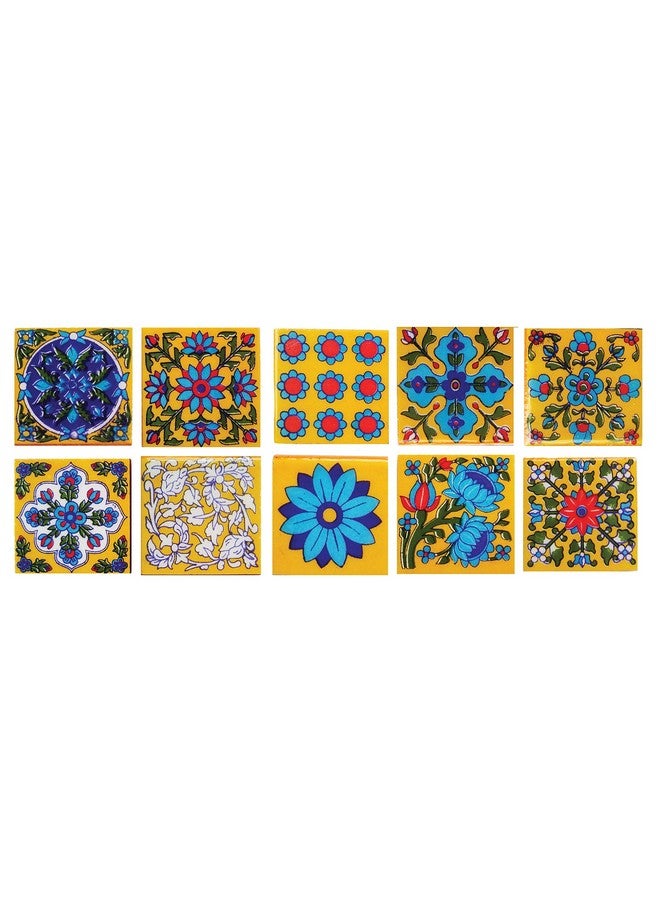 Shiv Kripa Blue Pottery Floral Ethnic Interior Exterior Crafted Tabletop Flooring Wall Ceramic 2 x 2 inch Tiles Pack of 20 Tiles (Sky Blue, Yellow & Multi) - Image 2