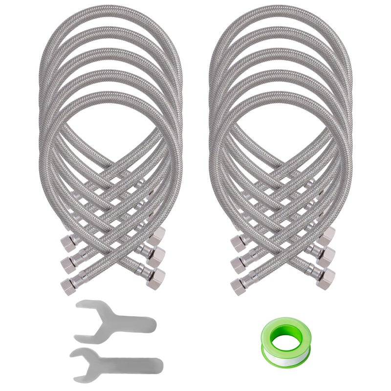 SUNGATOR (10 عبوة) خطوط إمداد صنبور بطول 16 بوصة، خيط أنثوي 3/8" x خيط FIP 1/2" لخرطوم الحوض، خط إمداد صنبور من الفولاذ المقاوم للصدأ بطول 16 بوصة للحمام، مع 2 مفتاح و 1 شريط لاصق - Image 1