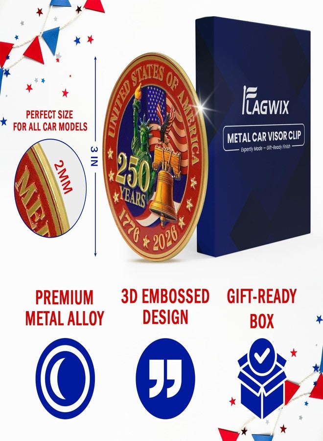 FLAGWIX USA Anniversary Car Visor Clip - 3 Inch Embossed Patriotic Auto Accessory with Liberty Bell, Statue of Liberty & American Flag Gift - Image 4