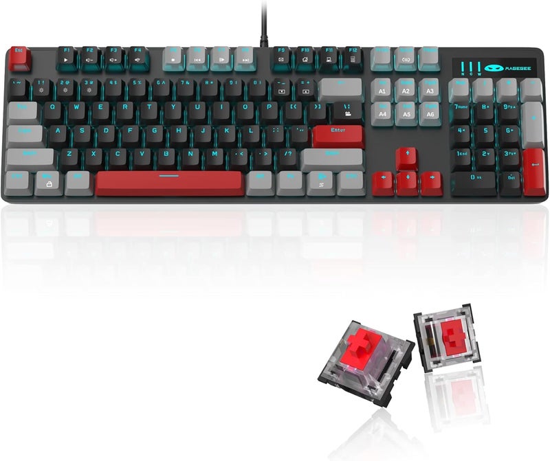 MageGee Mechanical Gaming Keyboard, 104 Keys Blue Backlit Keyboards with Red Switches Double-Shot Keycaps, USB Wired Mechanical Computer Keyboard for Laptop, Desktop, PC Gamers(Gray & Black) - Image 1