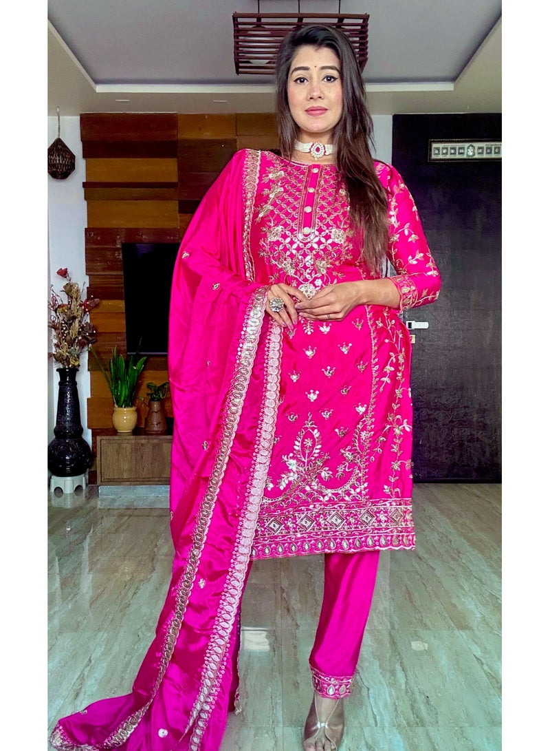 Fully stitched ready to wear Pink Silk with Heavy embroidery Dress  - Image 1