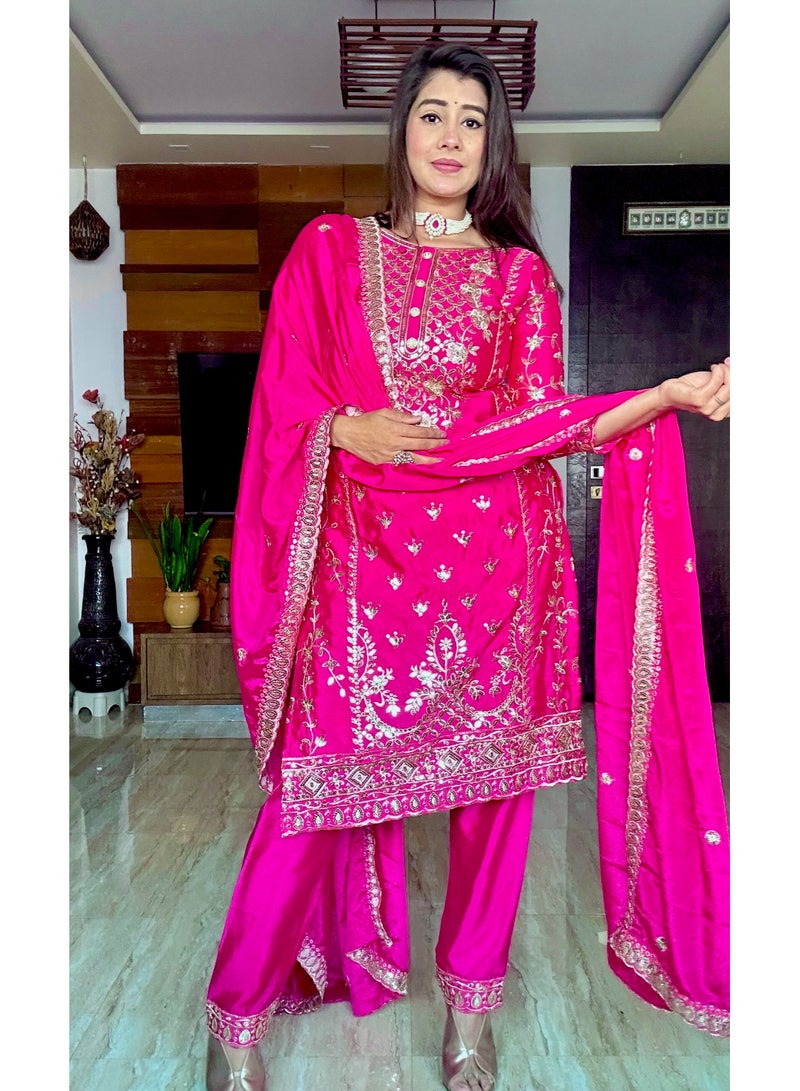 Fully stitched ready to wear Pink Silk with Heavy embroidery Dress  - Image 2