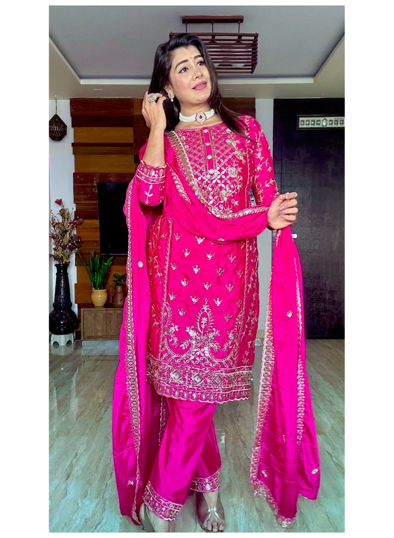 Fully stitched ready to wear Pink Silk with Heavy embroidery Dress  - Image 3