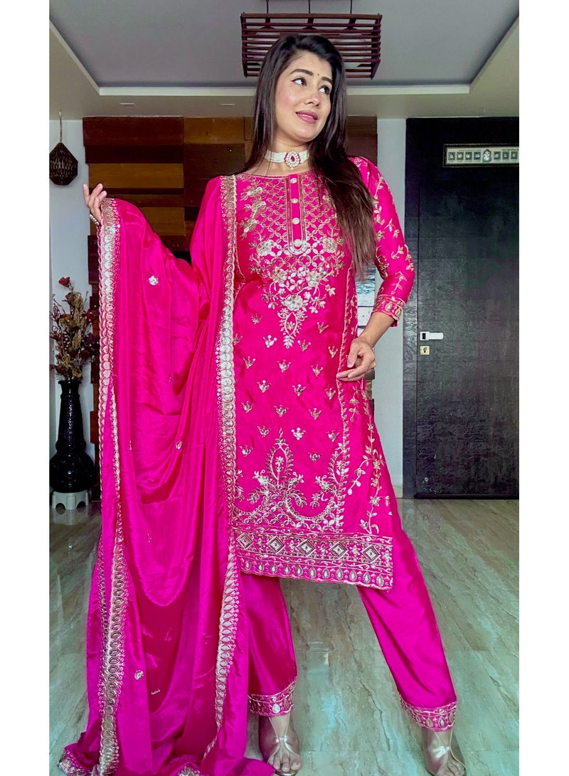 Fully stitched ready to wear Pink Silk with Heavy embroidery Dress  - Image 4
