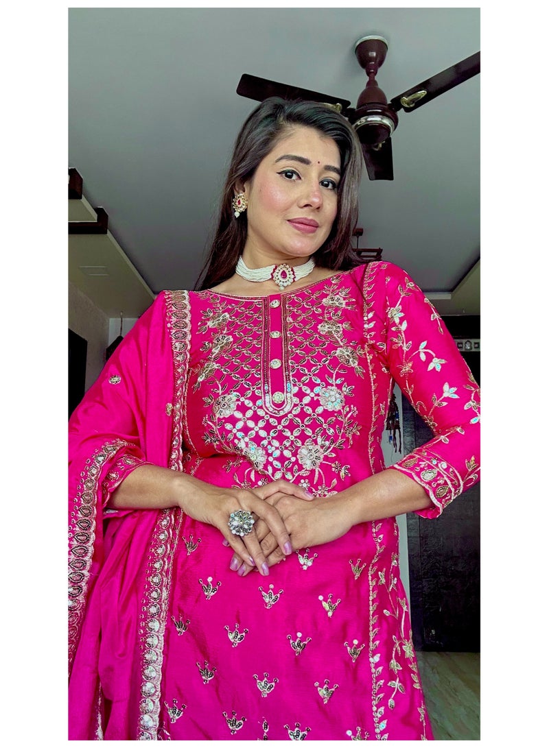 Fully stitched ready to wear Pink Silk with Heavy embroidery Dress  - Image 5