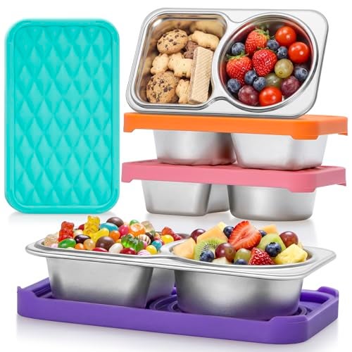 BRIGHTWORLD 4 PacK Stainless Steel Snack Containers with Silicone Lids, 2 Compartment Snackle Box Container, Leak-Proof Reusable Metal Food Storage Container for Travel, School, Meal Prep, Camping, 200ml - Image 1