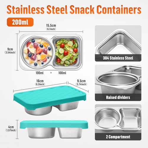 BRIGHTWORLD 4 PacK Stainless Steel Snack Containers with Silicone Lids, 2 Compartment Snackle Box Container, Leak-Proof Reusable Metal Food Storage Container for Travel, School, Meal Prep, Camping, 200ml - Image 2
